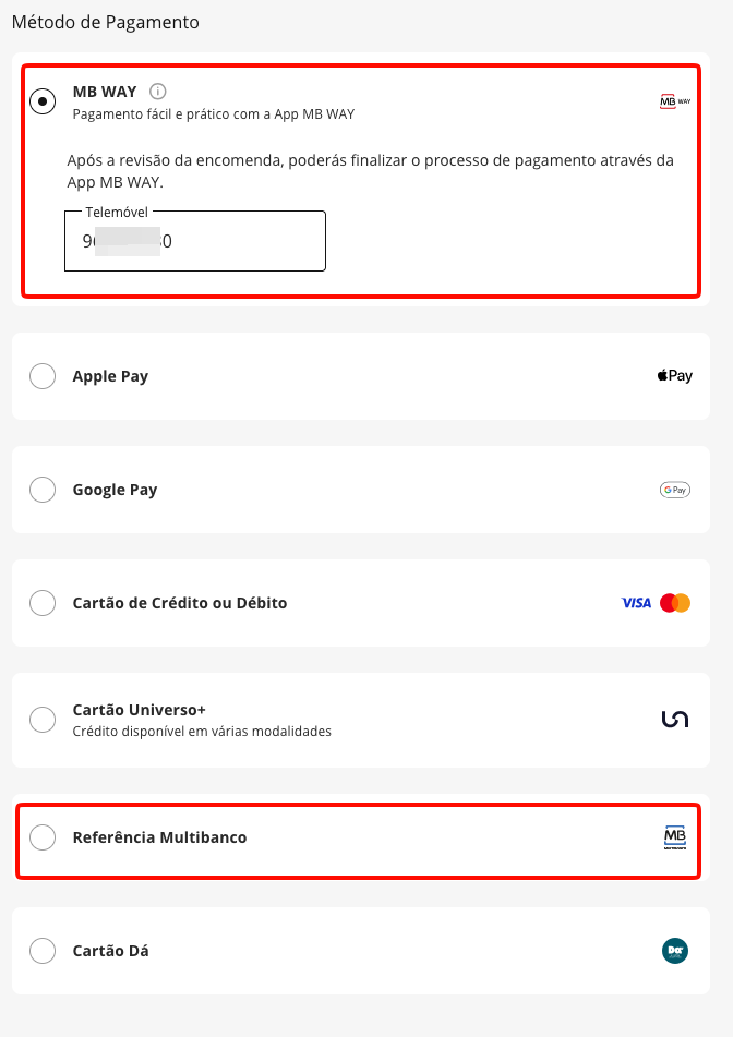 Payment options from Worten.pt - including MB Way and the pay by reference option